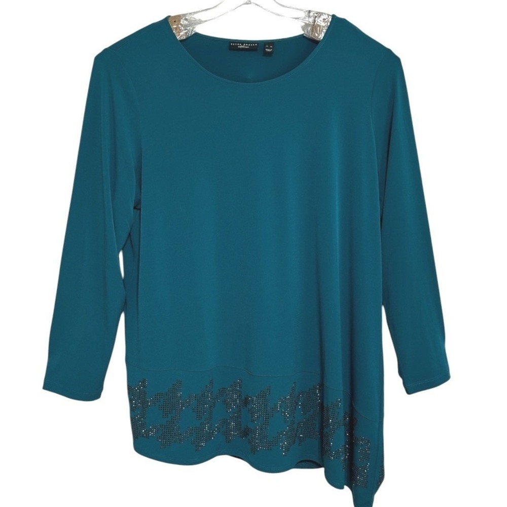 Susan Graver Artisan Tunic Top Women Teal Rhinestone Asymmetric Evening Wear XL
